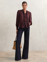 Women Lace-Embroidered Tie-Neck Shirt in Burgundy