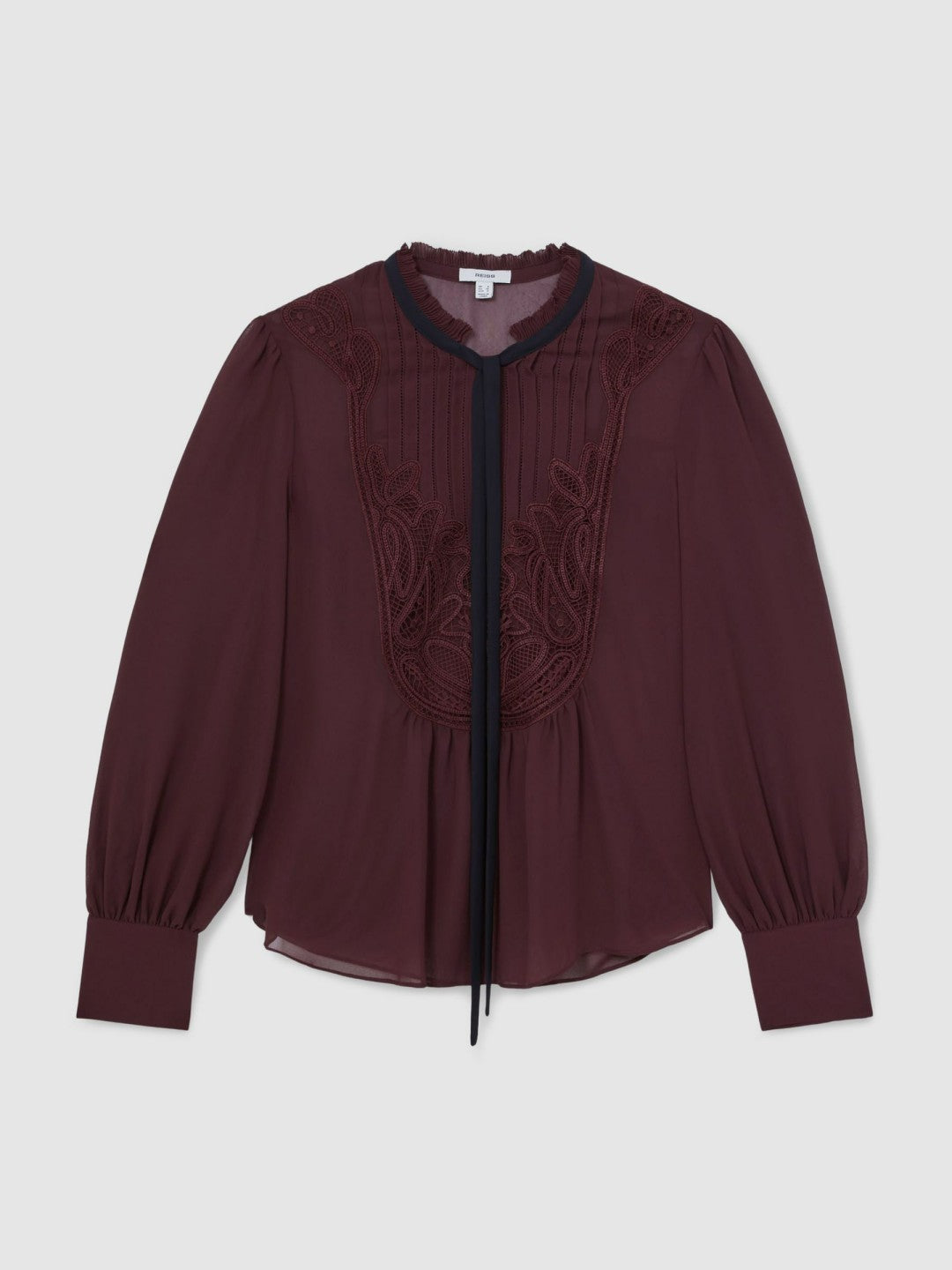 Women Lace-Embroidered Tie-Neck Shirt in Burgundy