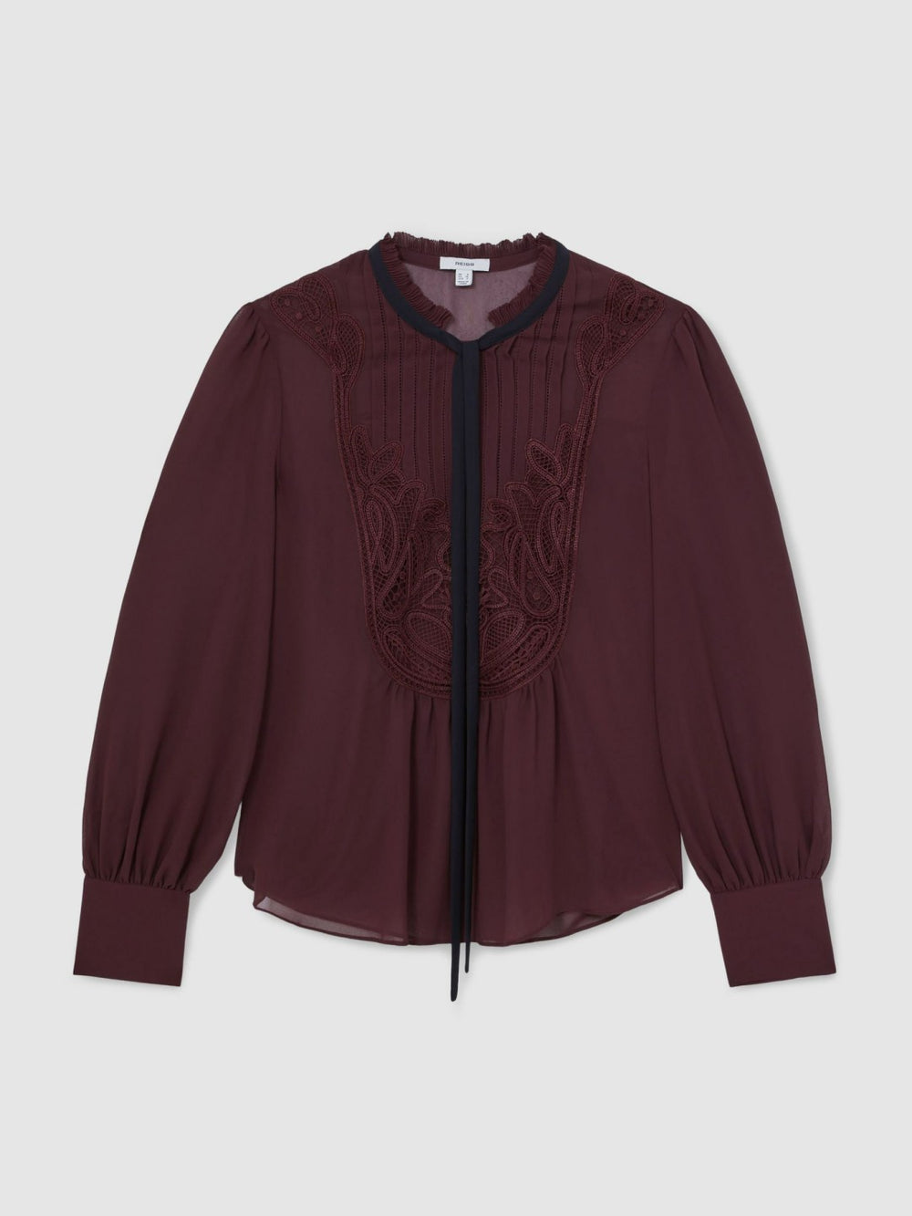 Women Lace-Embroidered Tie-Neck Shirt in Burgundy