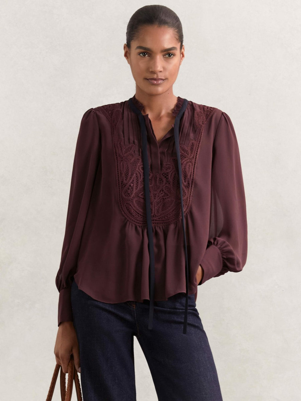 Women Lace-Embroidered Tie-Neck Shirt in Burgundy
