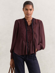 Women Lace-Embroidered Tie-Neck Shirt in Burgundy