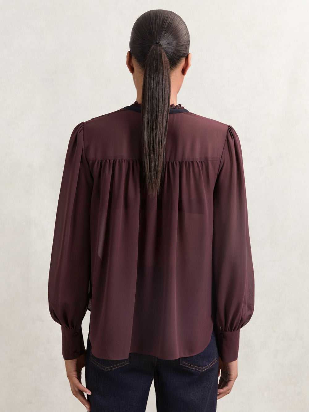 Women Lace-Embroidered Tie-Neck Shirt in Burgundy