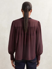 Women Lace-Embroidered Tie-Neck Shirt in Burgundy