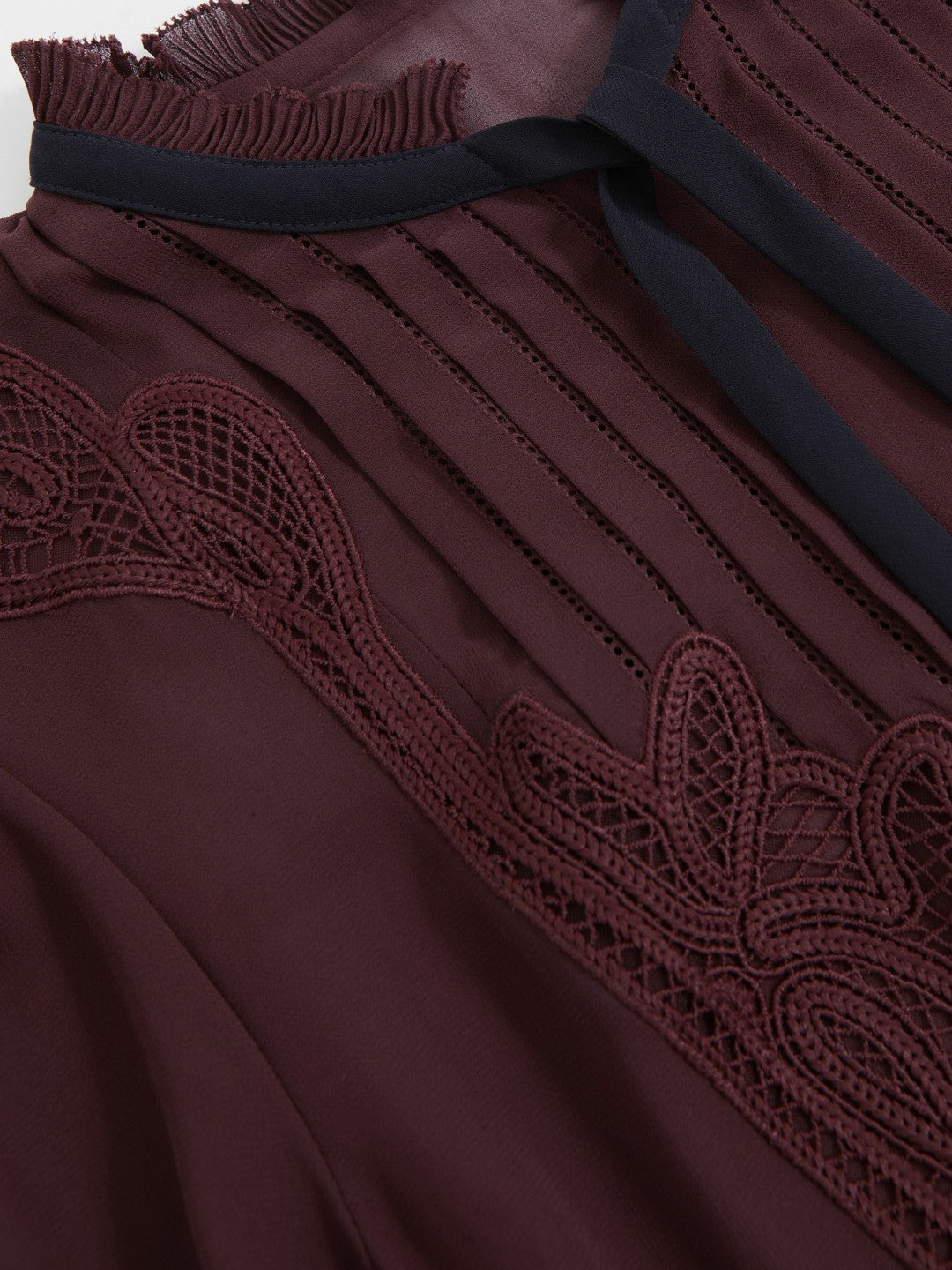 Women Lace-Embroidered Tie-Neck Shirt in Burgundy