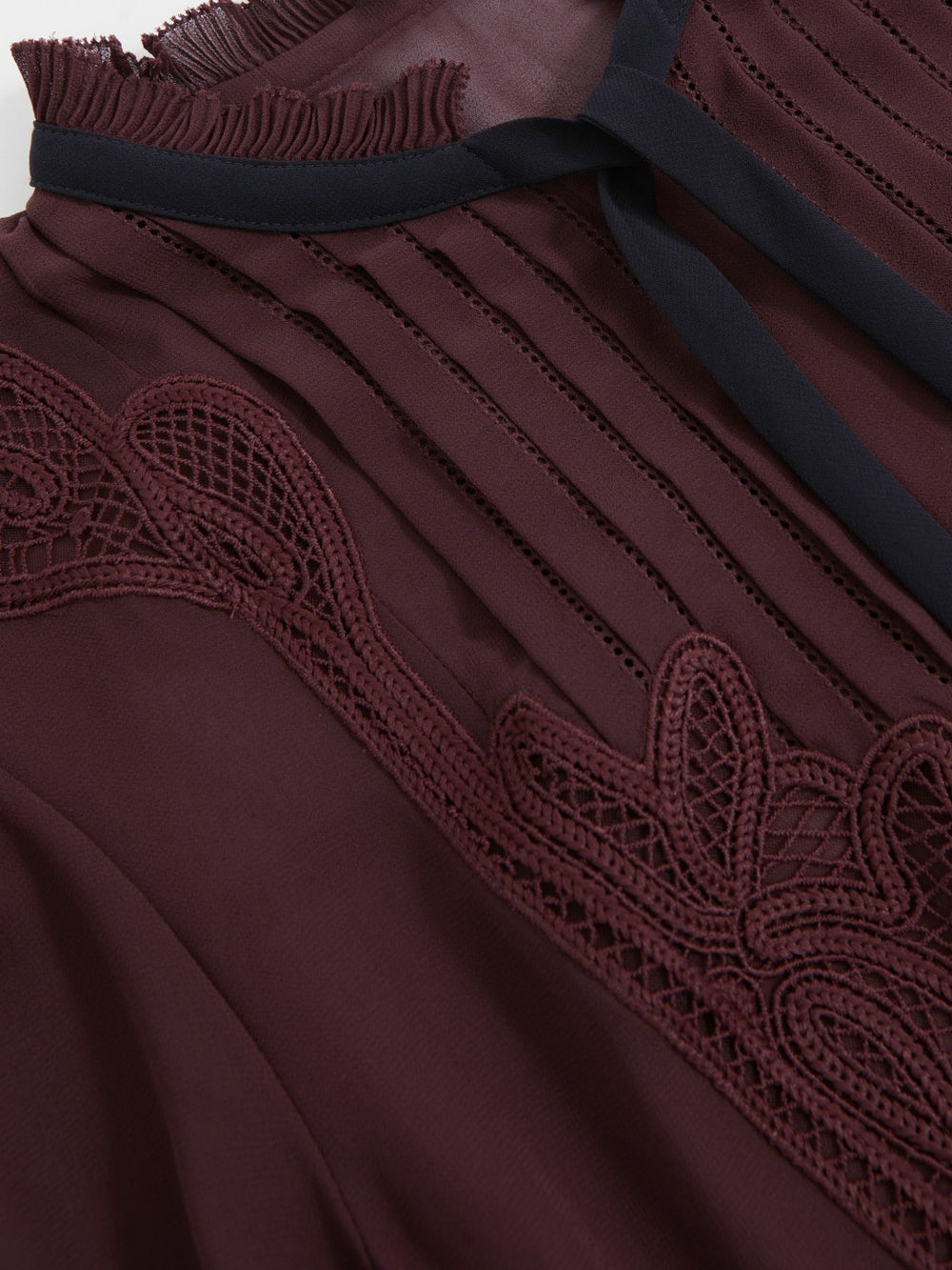 Women Lace-Embroidered Tie-Neck Shirt in Burgundy