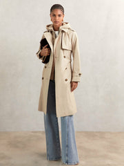 Women Petite Hooded Insert Trench Coat in Stone
