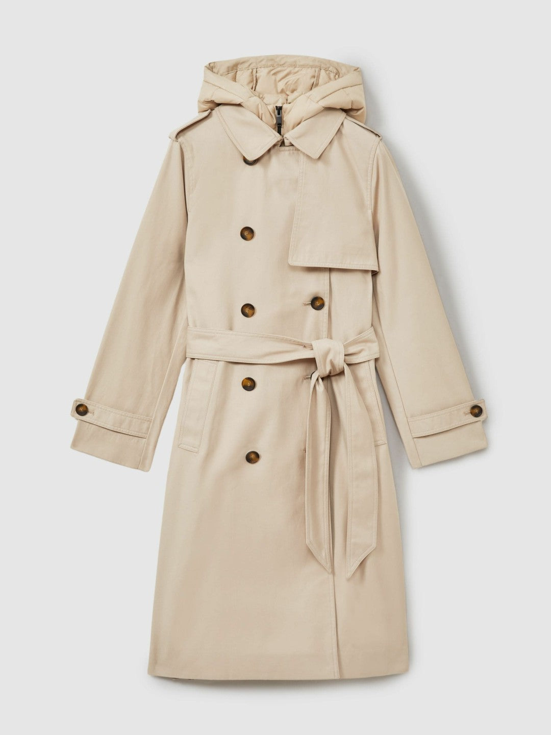 Women Petite Hooded Insert Trench Coat in Stone