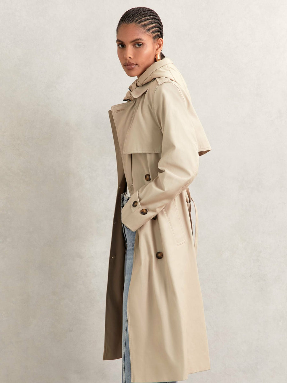 Women Petite Hooded Insert Trench Coat in Stone