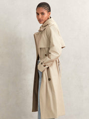 Women Petite Hooded Insert Trench Coat in Stone