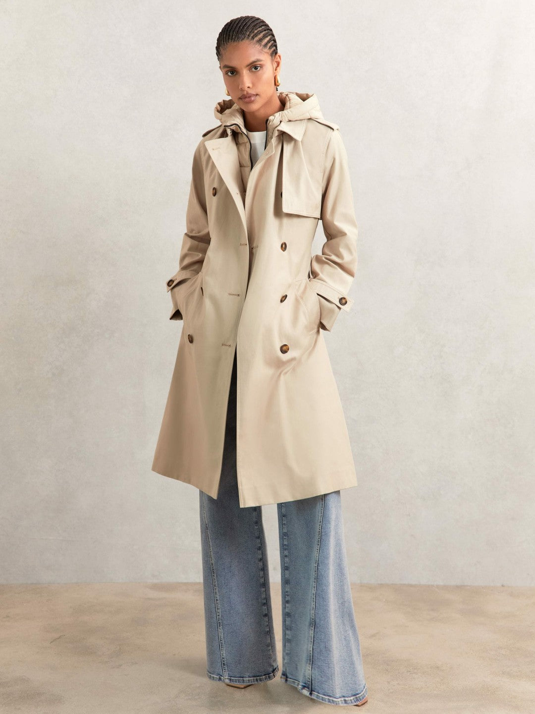 Women Petite Hooded Insert Trench Coat in Stone
