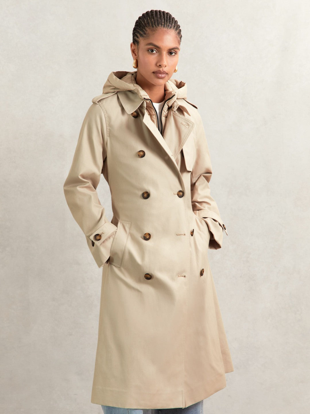 Women Petite Hooded Insert Trench Coat in Stone