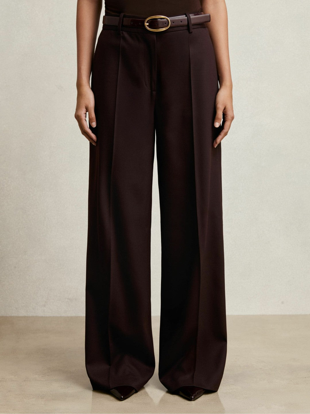 Women Petite Wool-Blend Wide-Leg Suit Trousers in Aubergine
