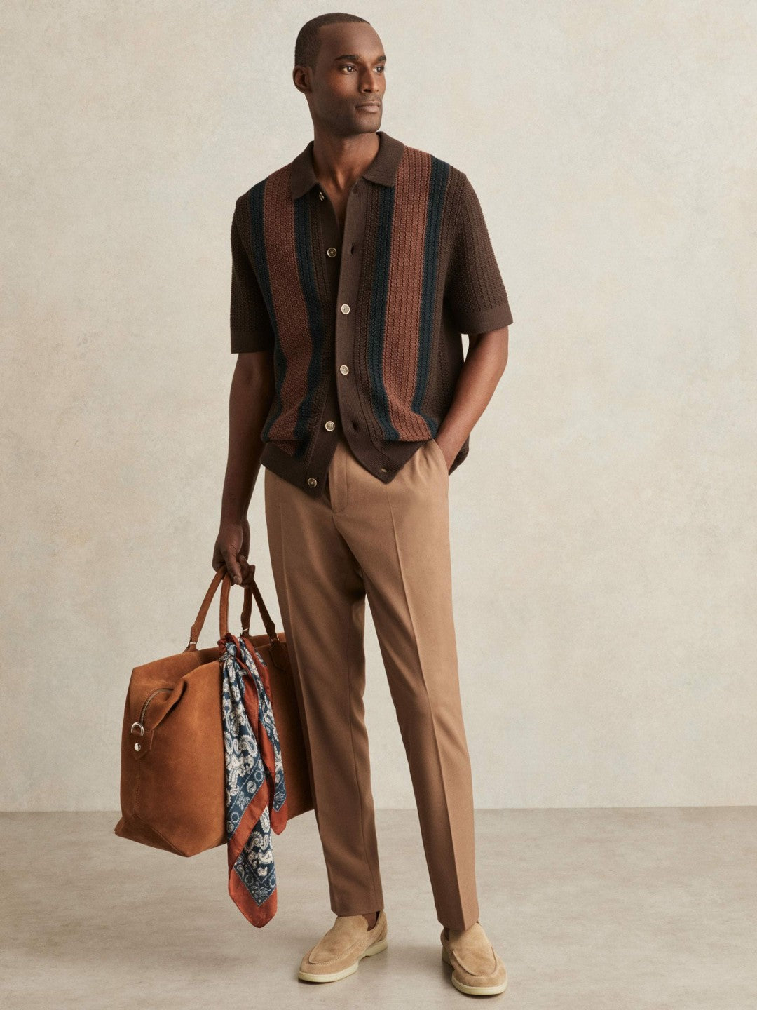 Men Cotton Textured-Knit Stripe Shirt in Brown Multi