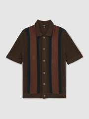 Men Cotton Textured-Knit Stripe Shirt in Brown Multi