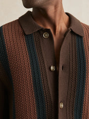 Men Cotton Textured-Knit Stripe Shirt in Brown Multi