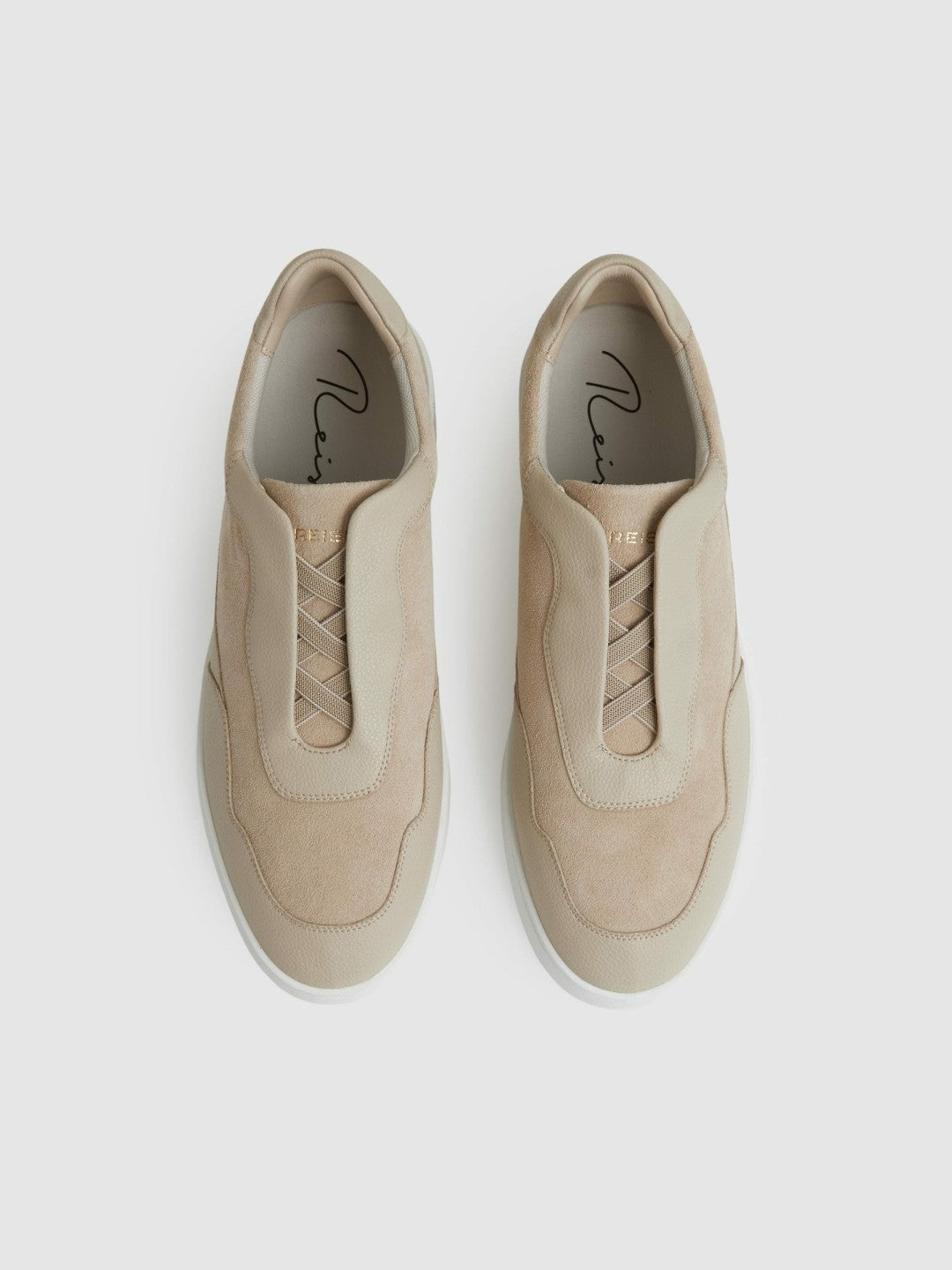Men Leather Elasticated-Lace Trainers in Ecru