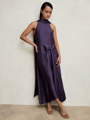 Women Satin Tuck-Detail Cape Midi Dress in Purple