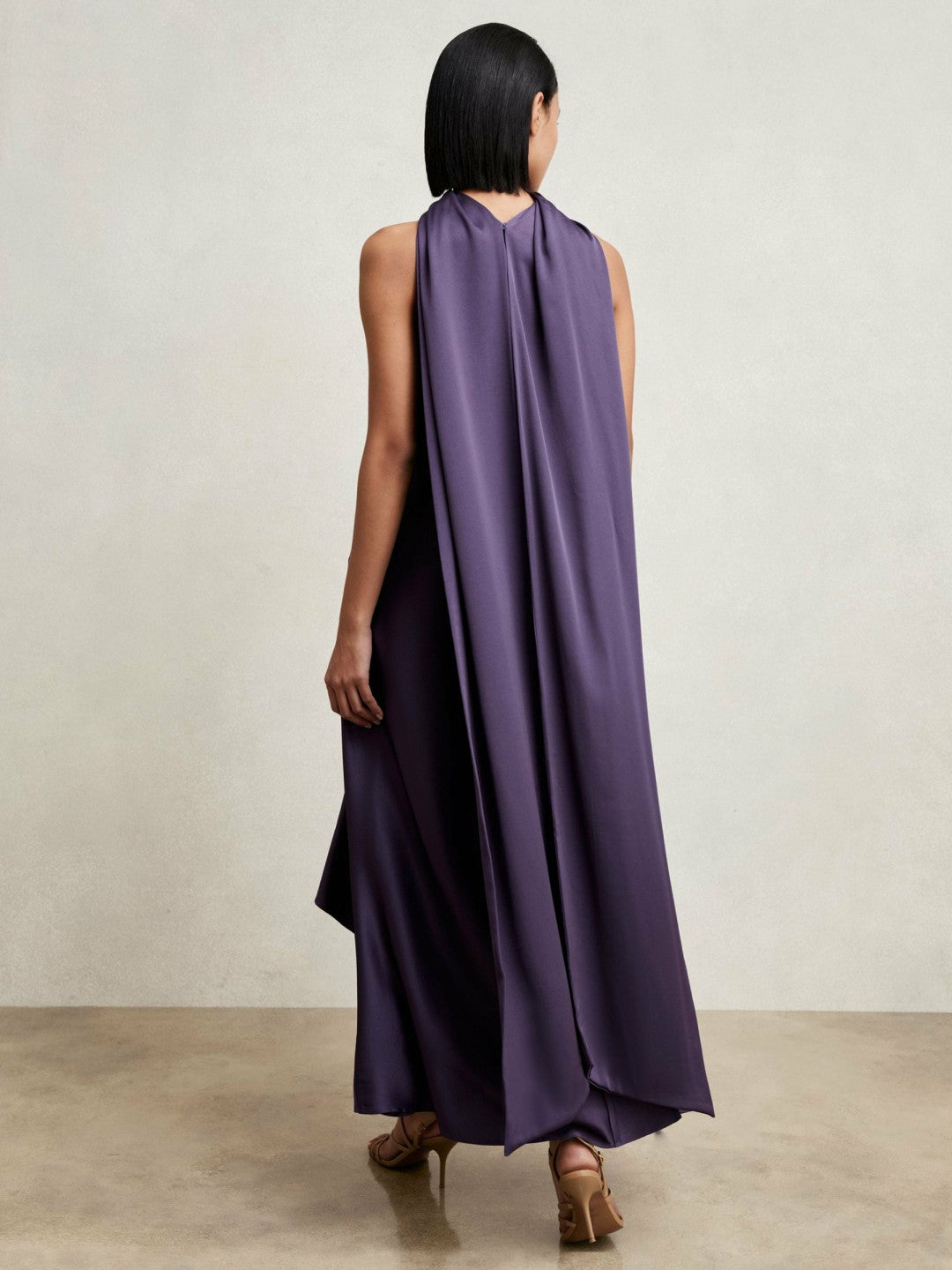 Women Satin Tuck-Detail Cape Midi Dress in Purple
