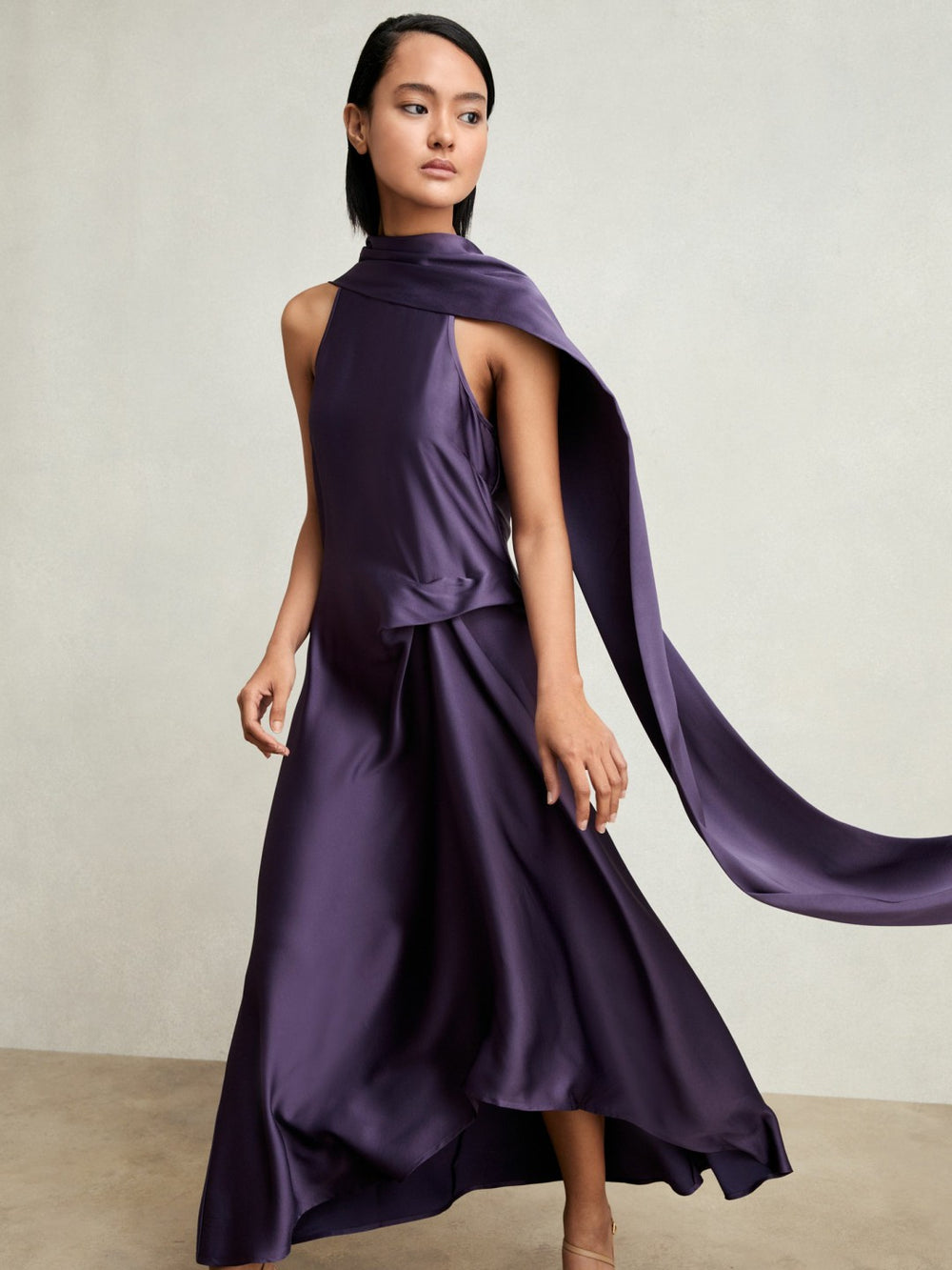 Women Satin Tuck-Detail Cape Midi Dress in Purple