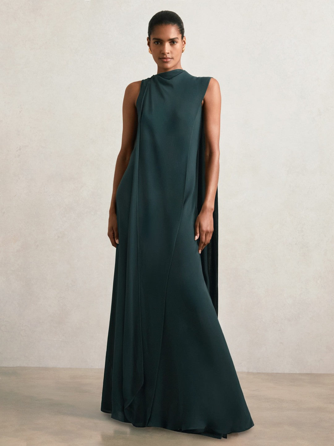Women Crepe Cape Maxi Dress in Teal Green
