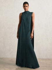 Women Crepe Cape Maxi Dress in Teal Green