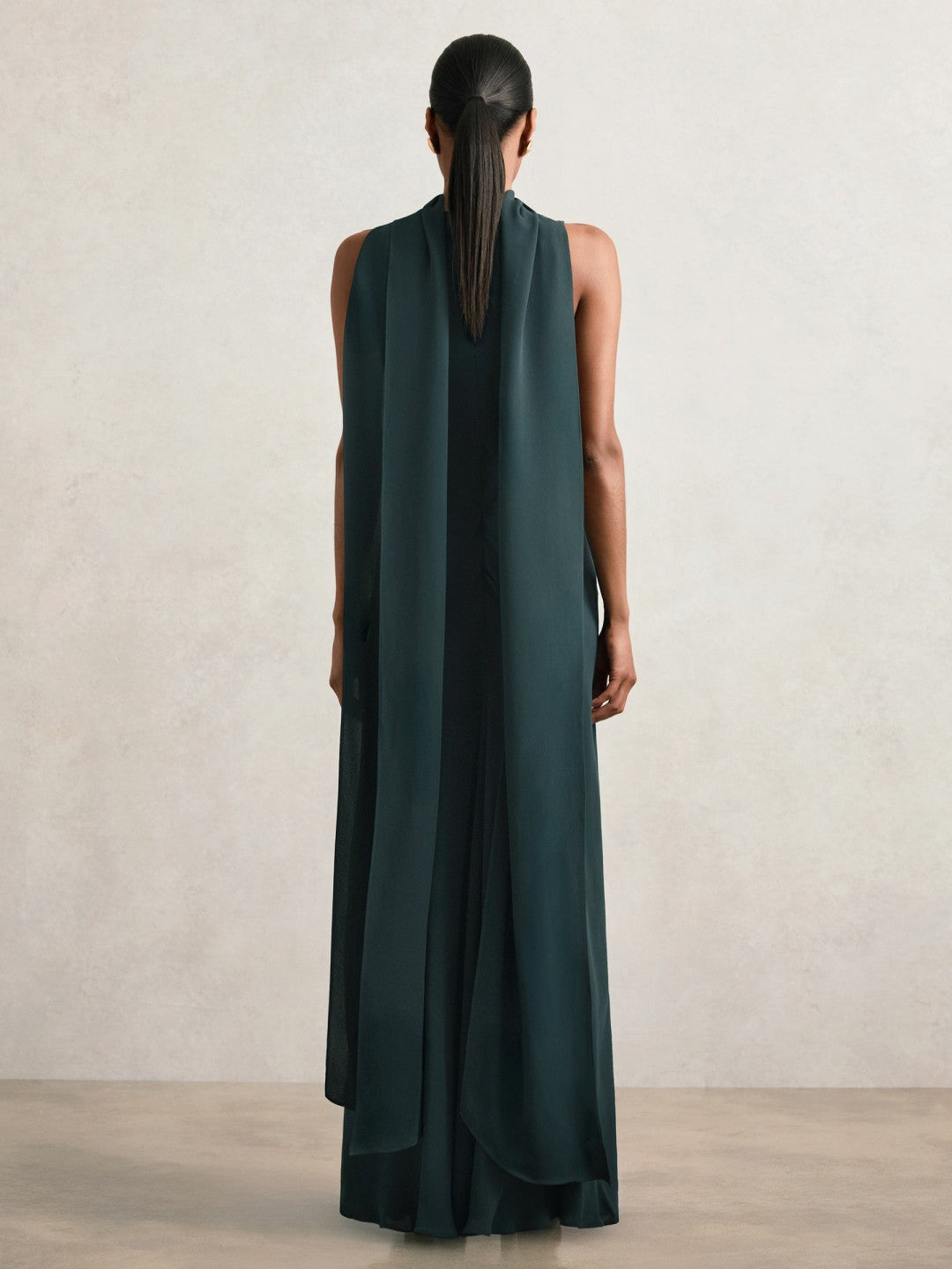 Women Crepe Cape Maxi Dress in Teal Green