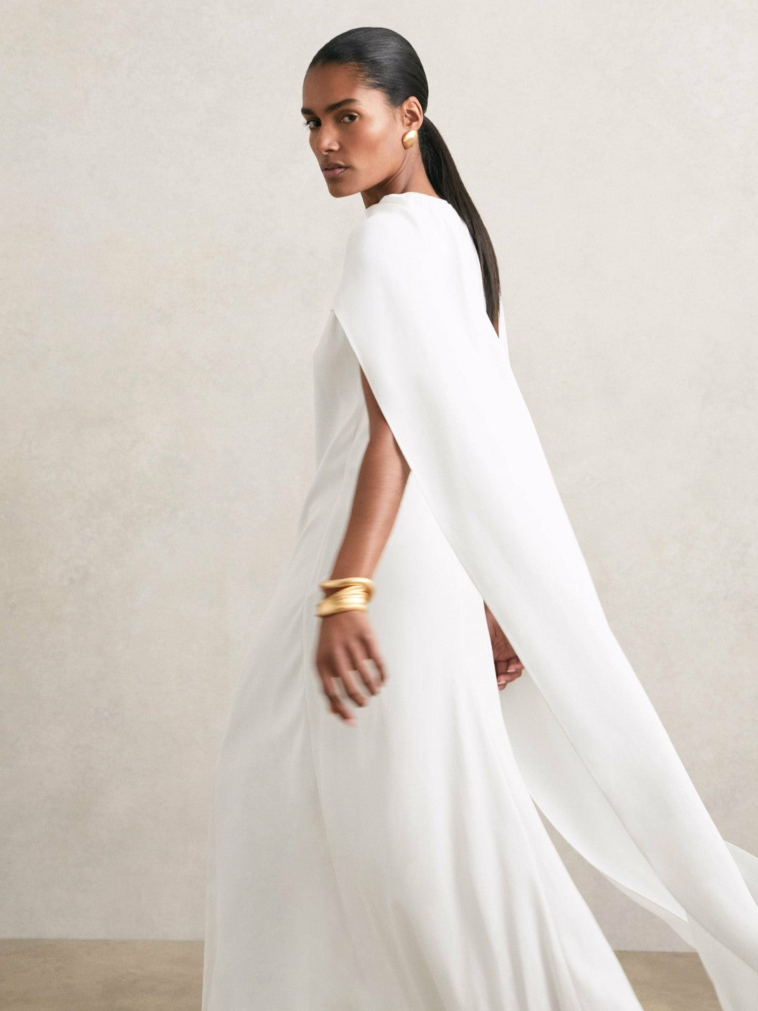 Women Crepe Cape Maxi Dress in White