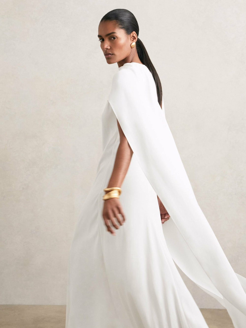 Women Crepe Cape Maxi Dress in White