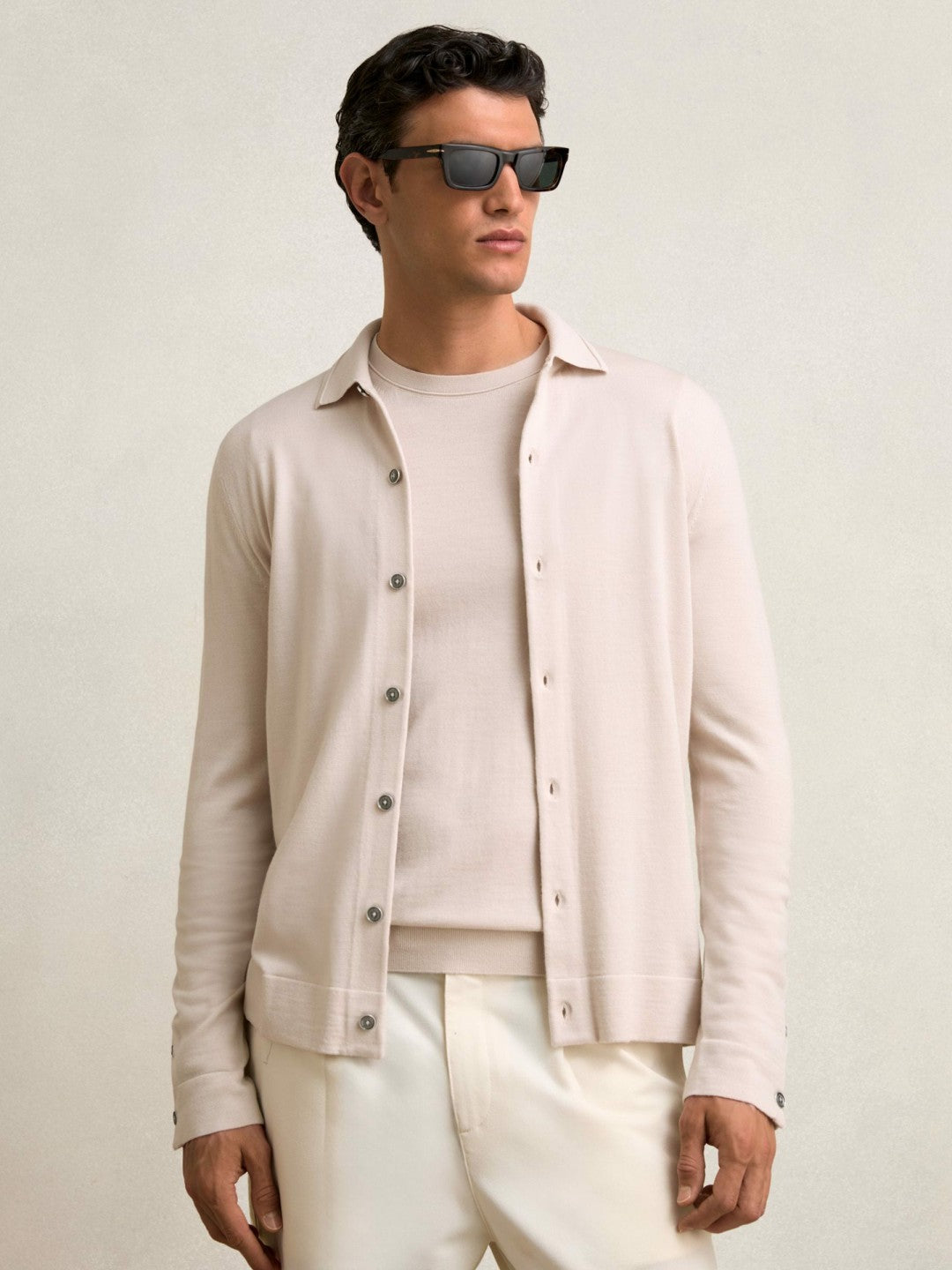 Men Merino Wool Button-Through Cardigan in Beige