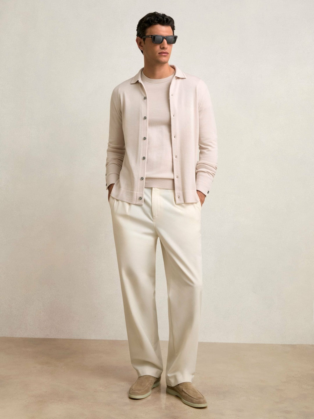 Men Merino Wool Button-Through Cardigan in Beige