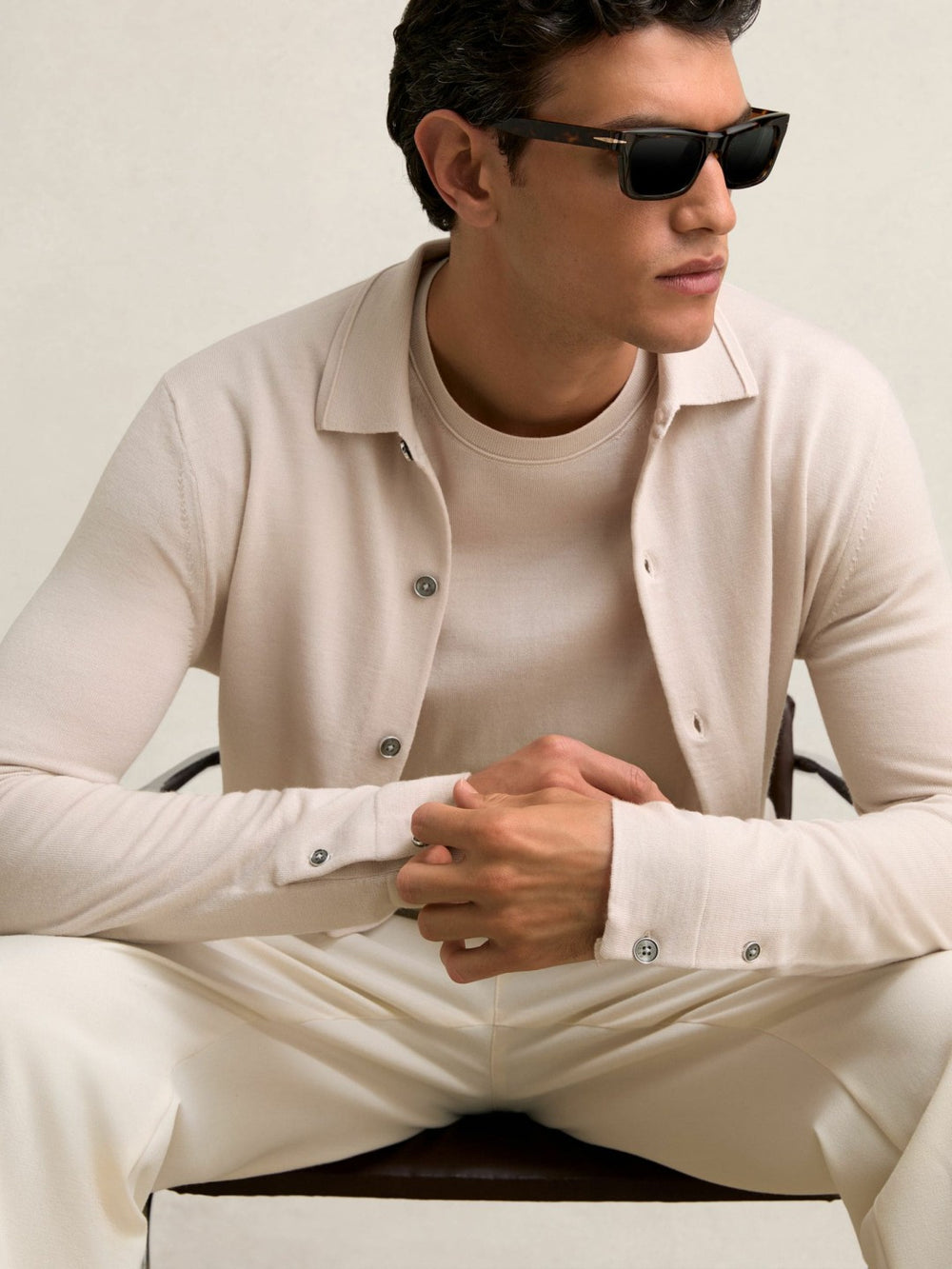 Men Merino Wool Button-Through Cardigan in Beige