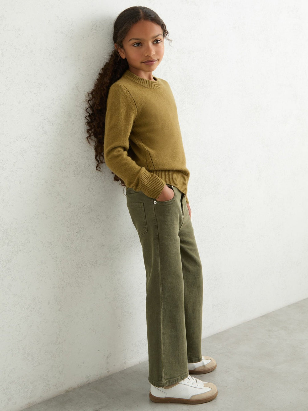 Children & Baby 3-9 yrs Wool-Blend Open-Stitch Jumper with Cashmere in Khaki Green