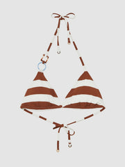 Women Stripe Halterneck Triangle Bikini Top in Navy/Brown
