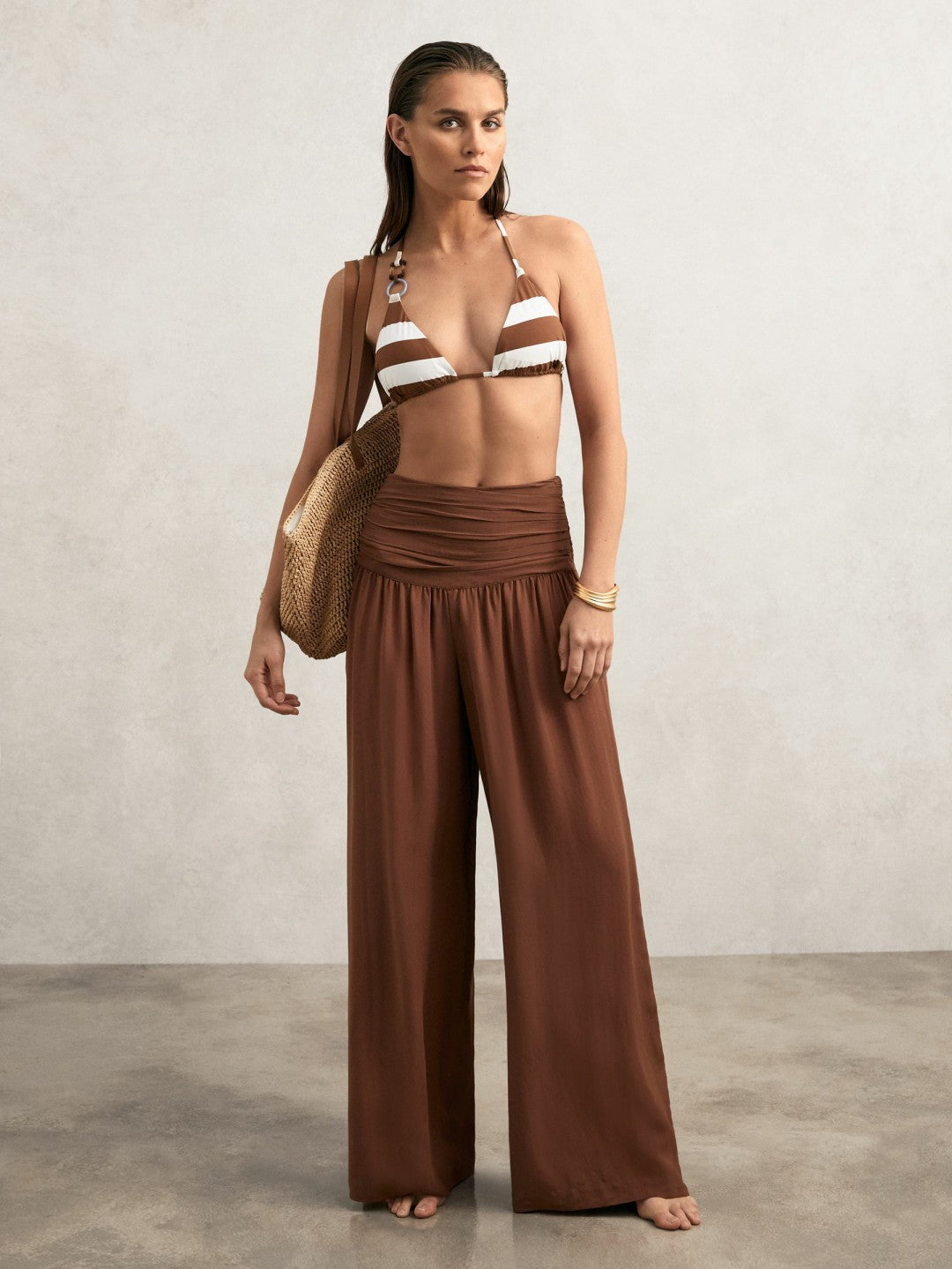 Women Stripe Halterneck Triangle Bikini Top in Navy/Brown