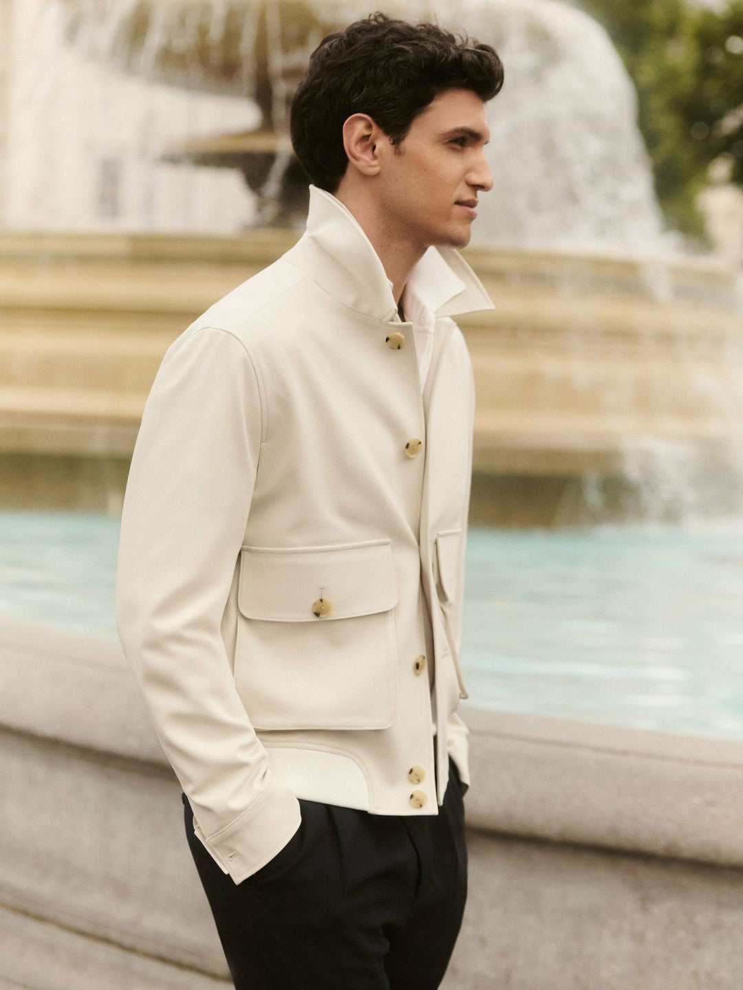 Men Cotton-Blend Button-Through Jacket in Light Stone