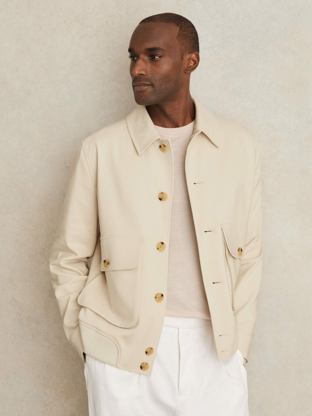 Men Cotton-Blend Button-Through Jacket in Light Stone