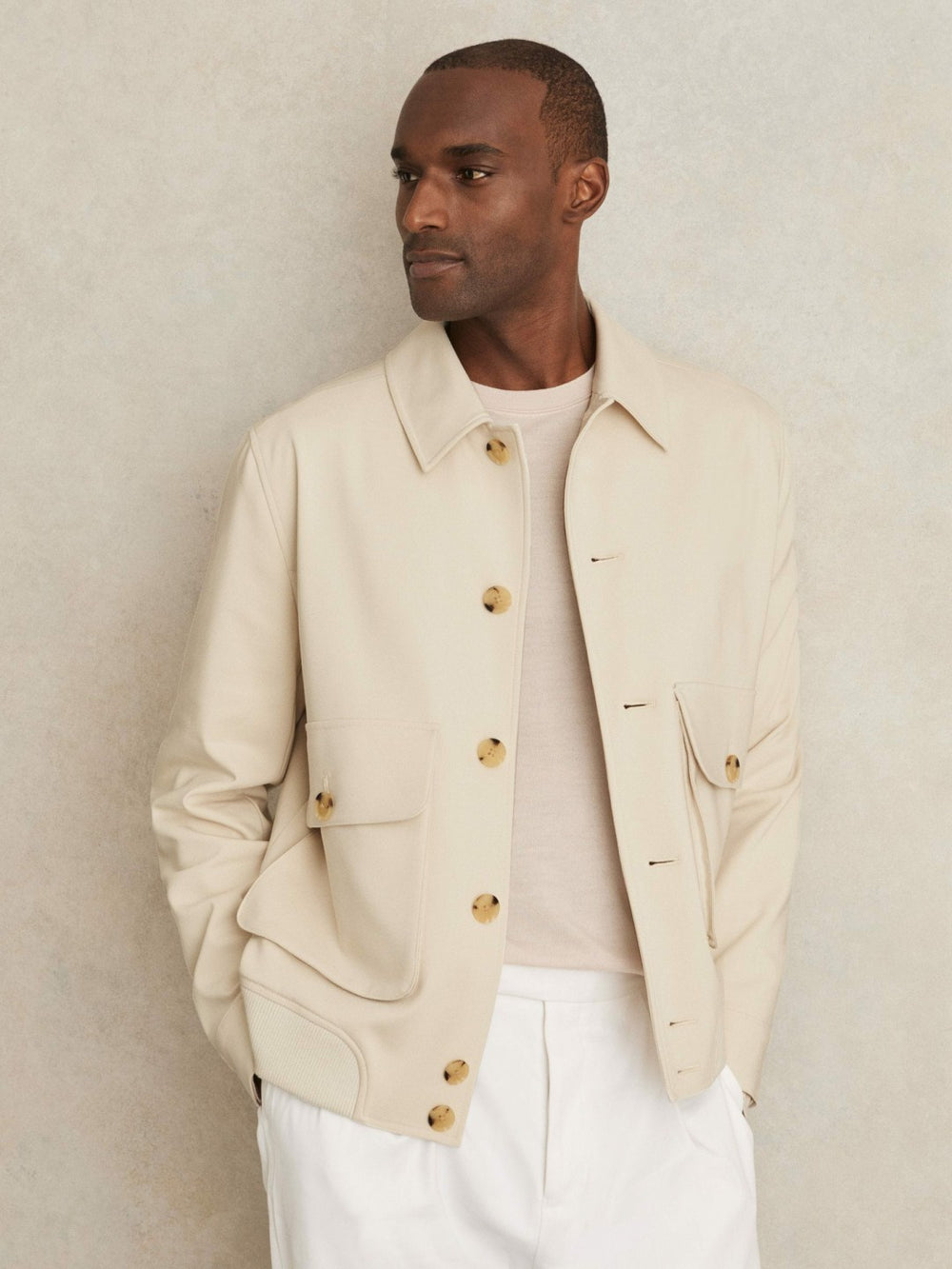 Men Cotton-Blend Button-Through Jacket in Light Stone