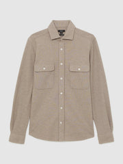 Men Textured Twin Pocket Cotton Blend Overshirt in Oatmeal Brown Melange