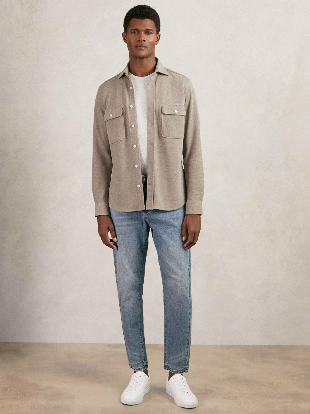 Men Textured Twin Pocket Cotton Blend Overshirt in Oatmeal Brown Melange