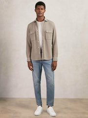 Men Textured Twin Pocket Cotton Blend Overshirt in Oatmeal Brown Melange
