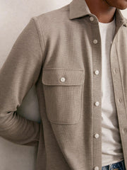 Men Textured Twin Pocket Cotton Blend Overshirt in Oatmeal Brown Melange