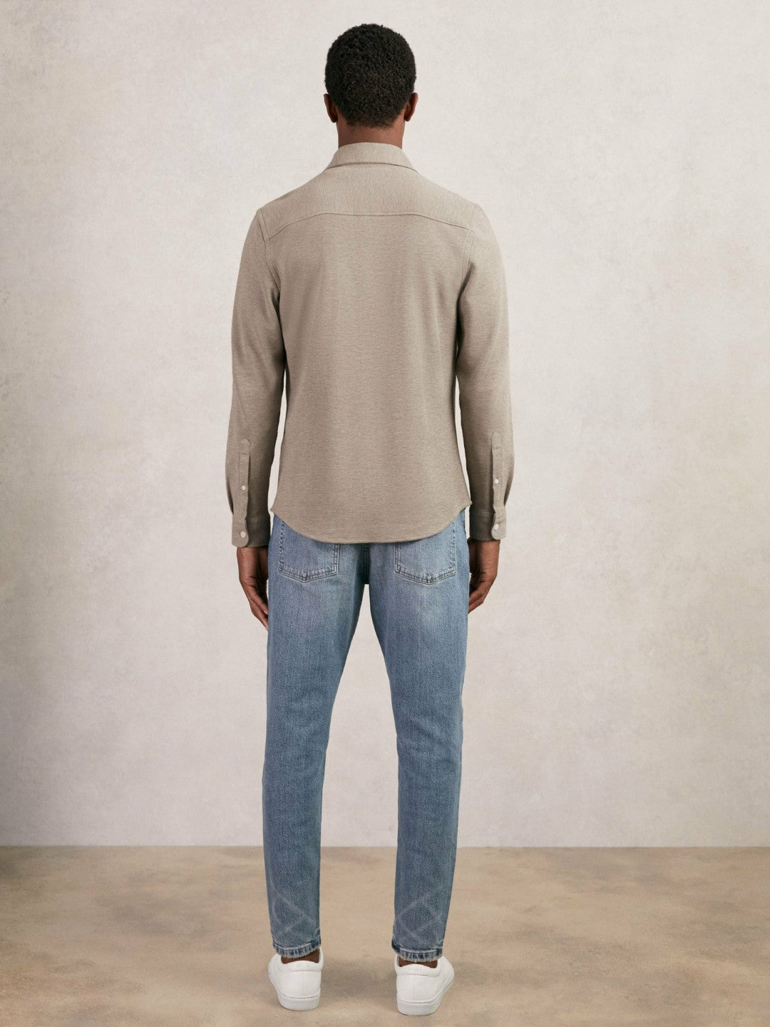 Men Textured Twin Pocket Cotton Blend Overshirt in Oatmeal Brown Melange
