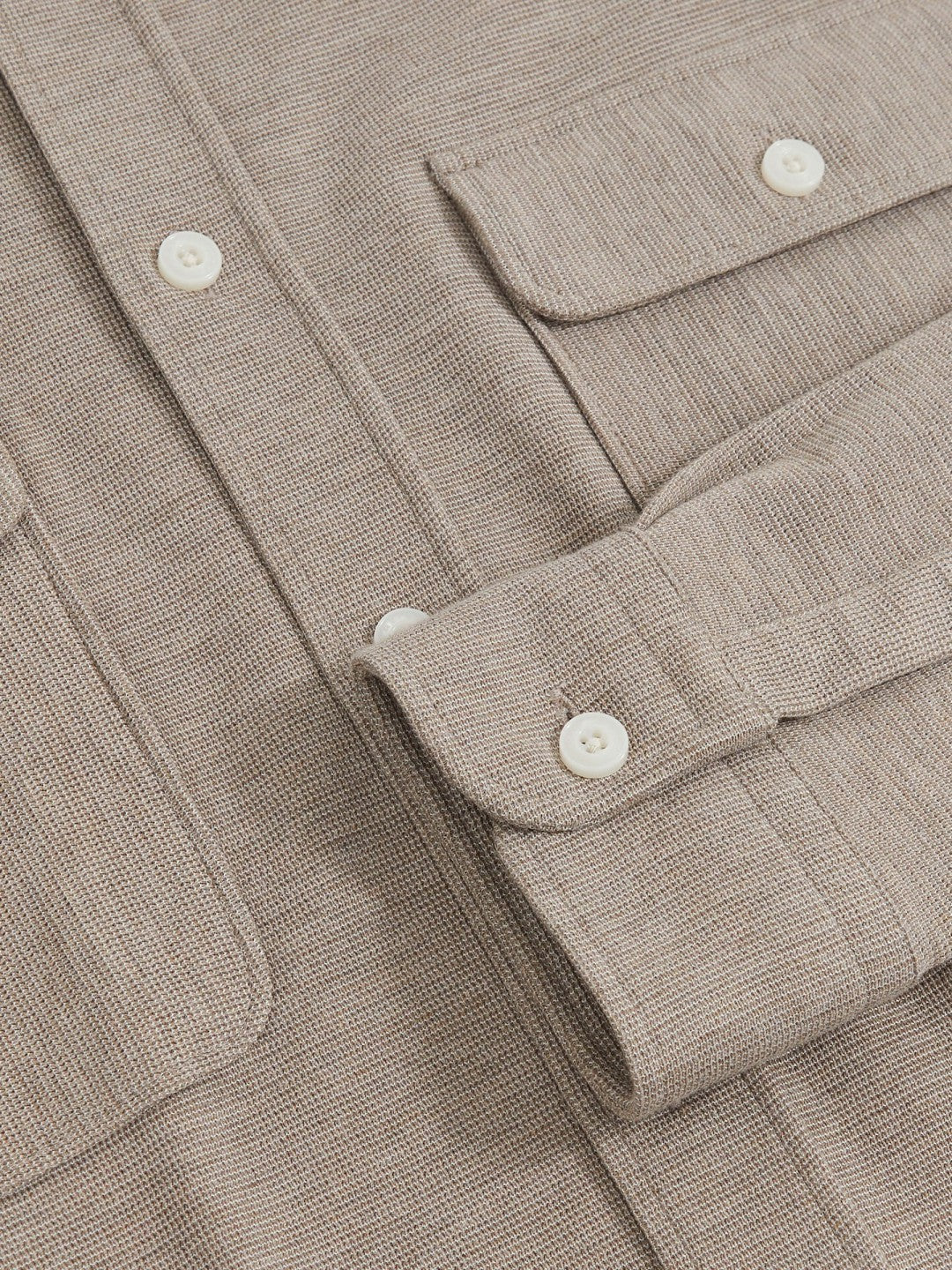 Men Textured Twin Pocket Cotton Blend Overshirt in Oatmeal Brown Melange