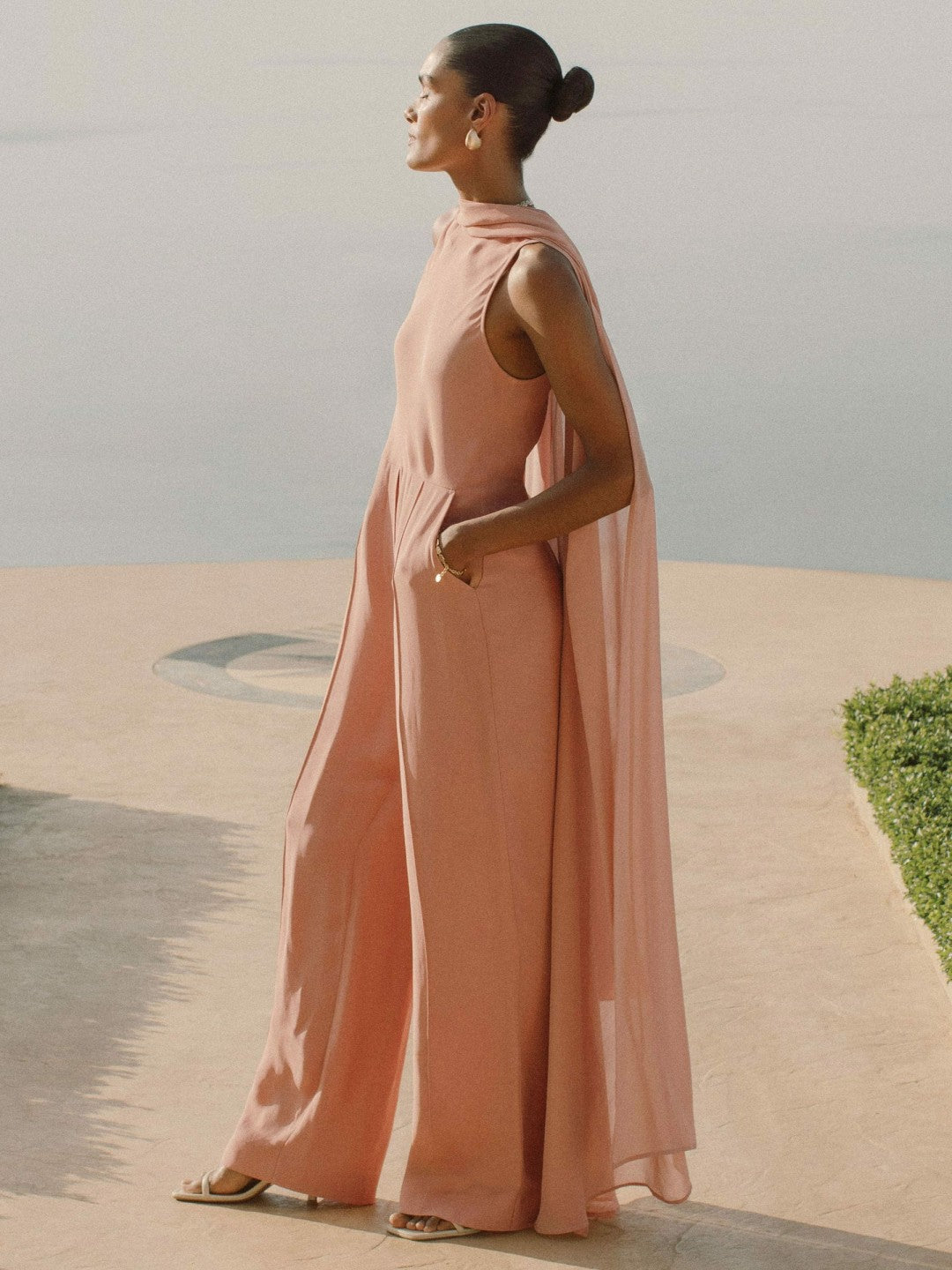 Women Wide-Leg Cape Jumpsuit in Pink