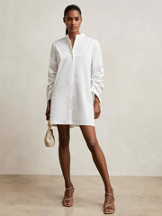 Women Cotton Gathered Cut-Out Shirt Dress with Stretch in Ivory