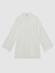 Women Cotton Gathered Cut-Out Shirt Dress with Stretch in Ivory