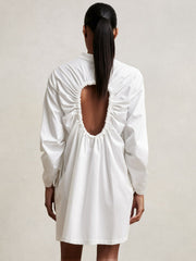 Women Cotton Gathered Cut-Out Shirt Dress with Stretch in Ivory