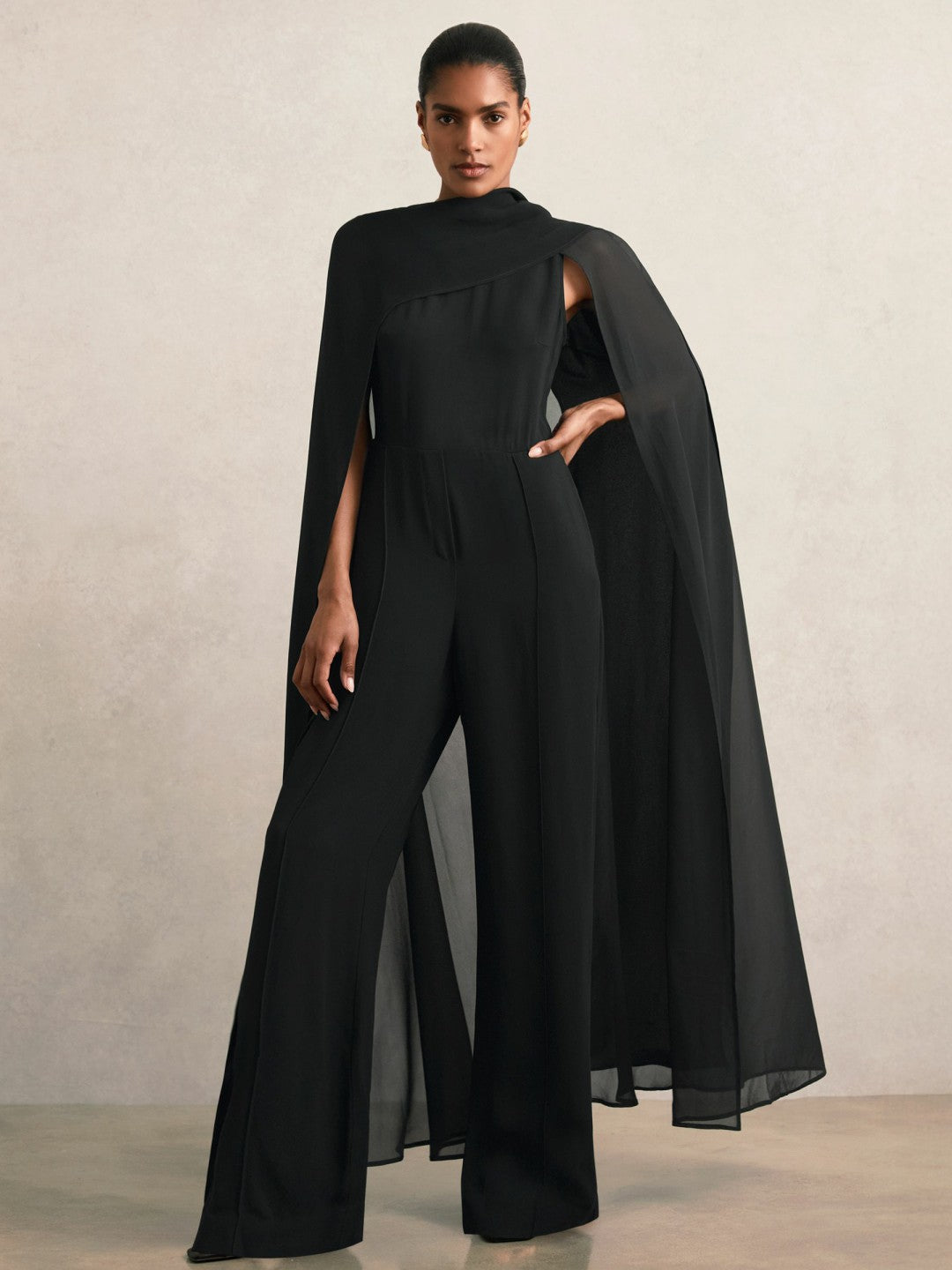 Women Wide-Leg Cape Jumpsuit in Black