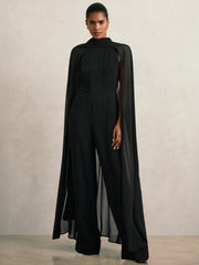 Women Wide-Leg Cape Jumpsuit in Black