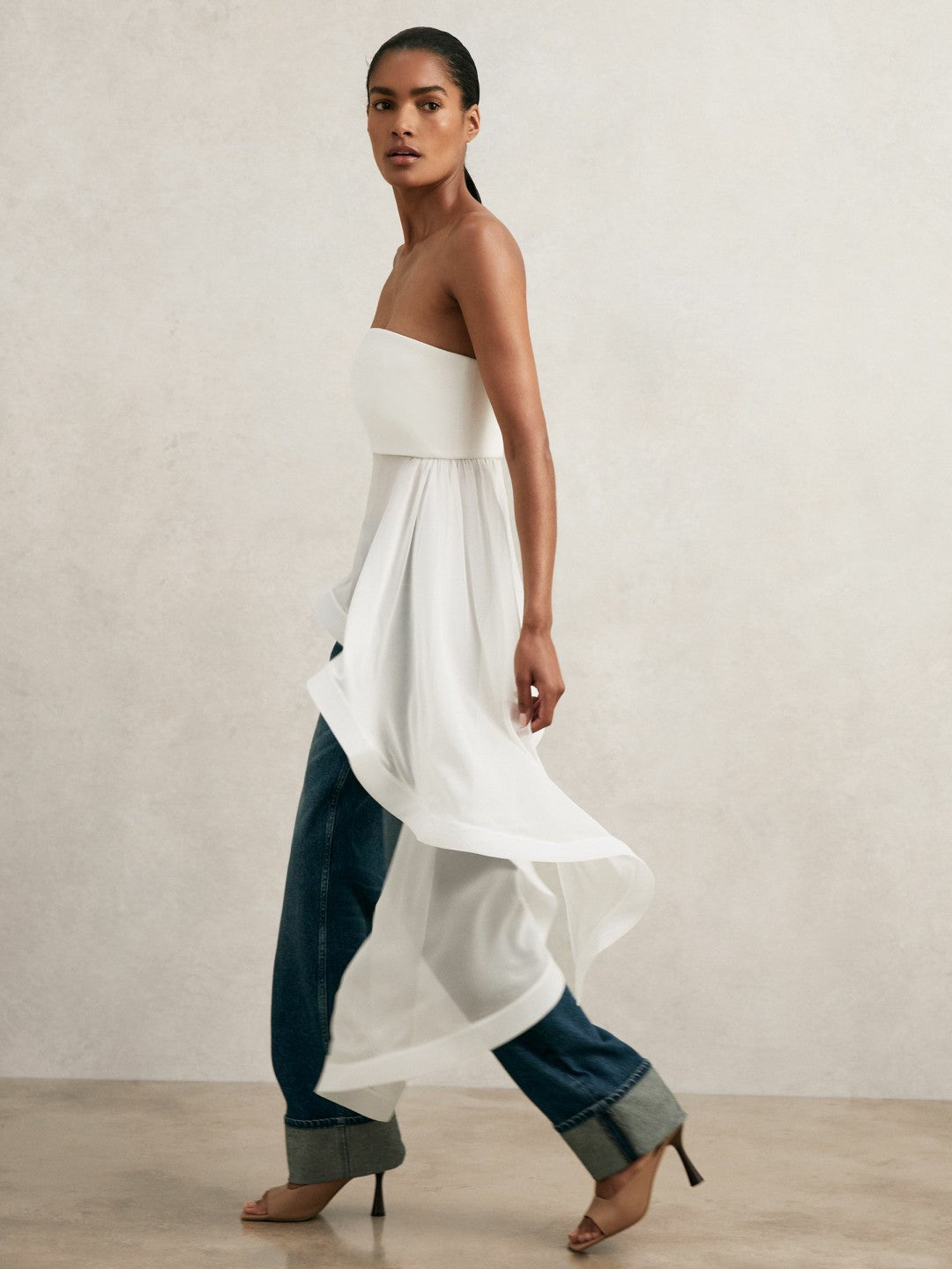 Women Silk Asymmetric-Ruffle Bandeau Top in Ivory